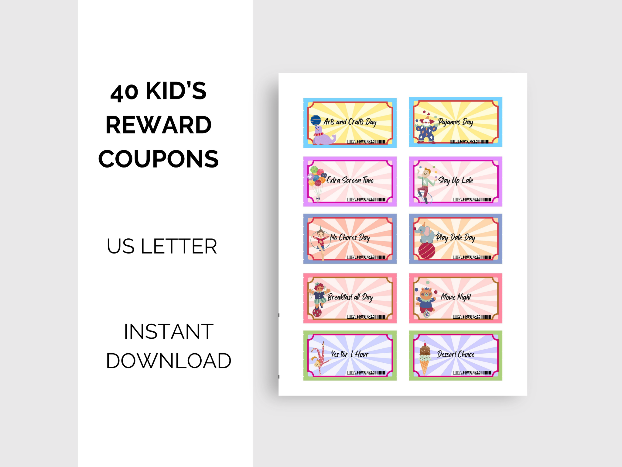 Colorful Kids Reward Coupons - Behavior Chart Incentive Cards, Digital Download, Grandkid Reward, Fun and Educational Kids Reward Coupons