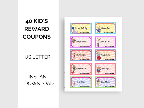 Colorful Kids Reward Coupons - Behavior Chart Incentive Cards, Digital Download, Grandkid Reward, Fun and Educational Kids Reward Coupons