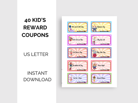 Colorful Kids Reward Coupons - Behavior Chart Incentive Cards, Digital Download, Grandkid Reward, Fun and Educational Kids Reward Coupons